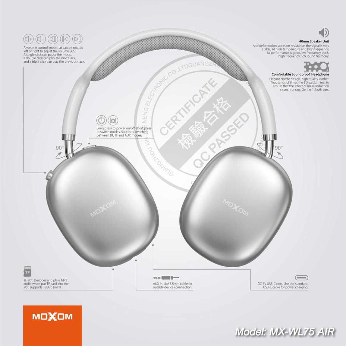 Casque  Sans Fil MOXOM  MX-WL75AIR